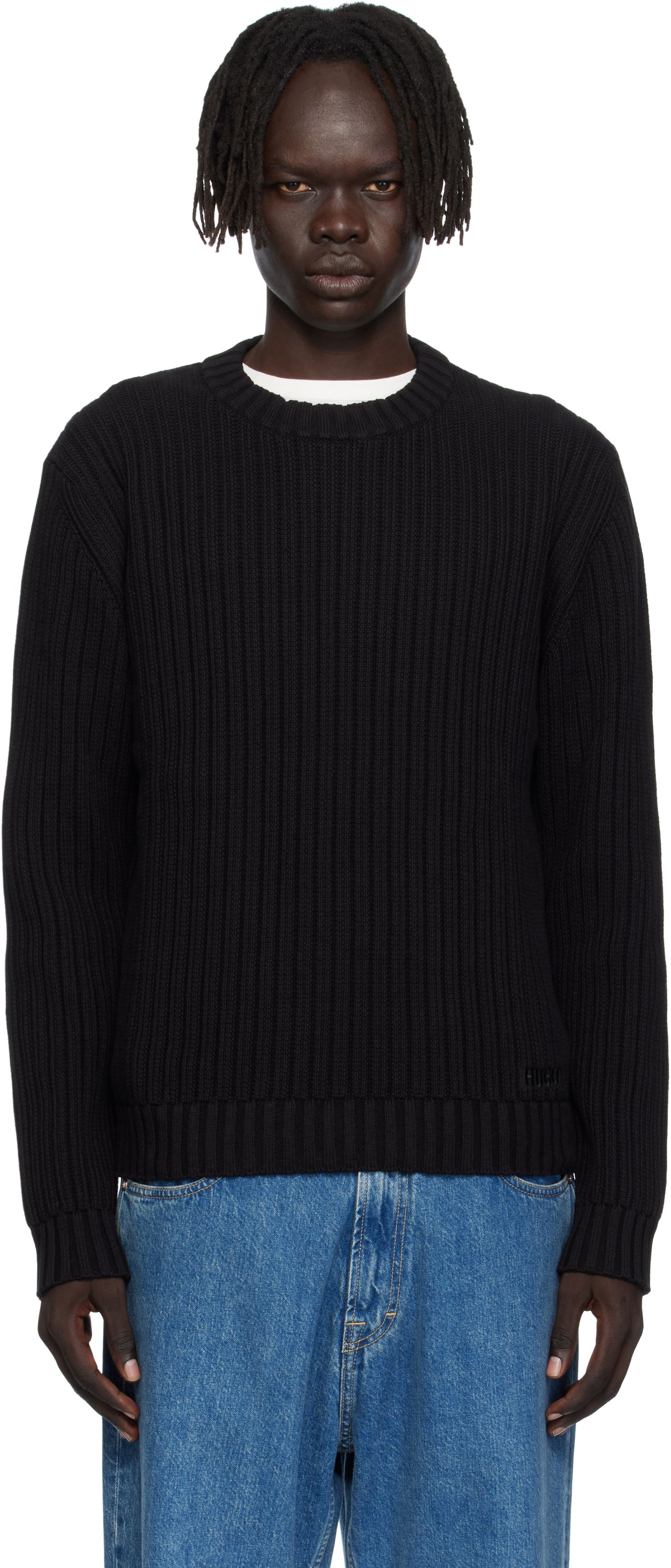 Пуловер BOSS Hugo Embroidered-Logo Ribbed Knit Sweater Черно | 50546863, 0