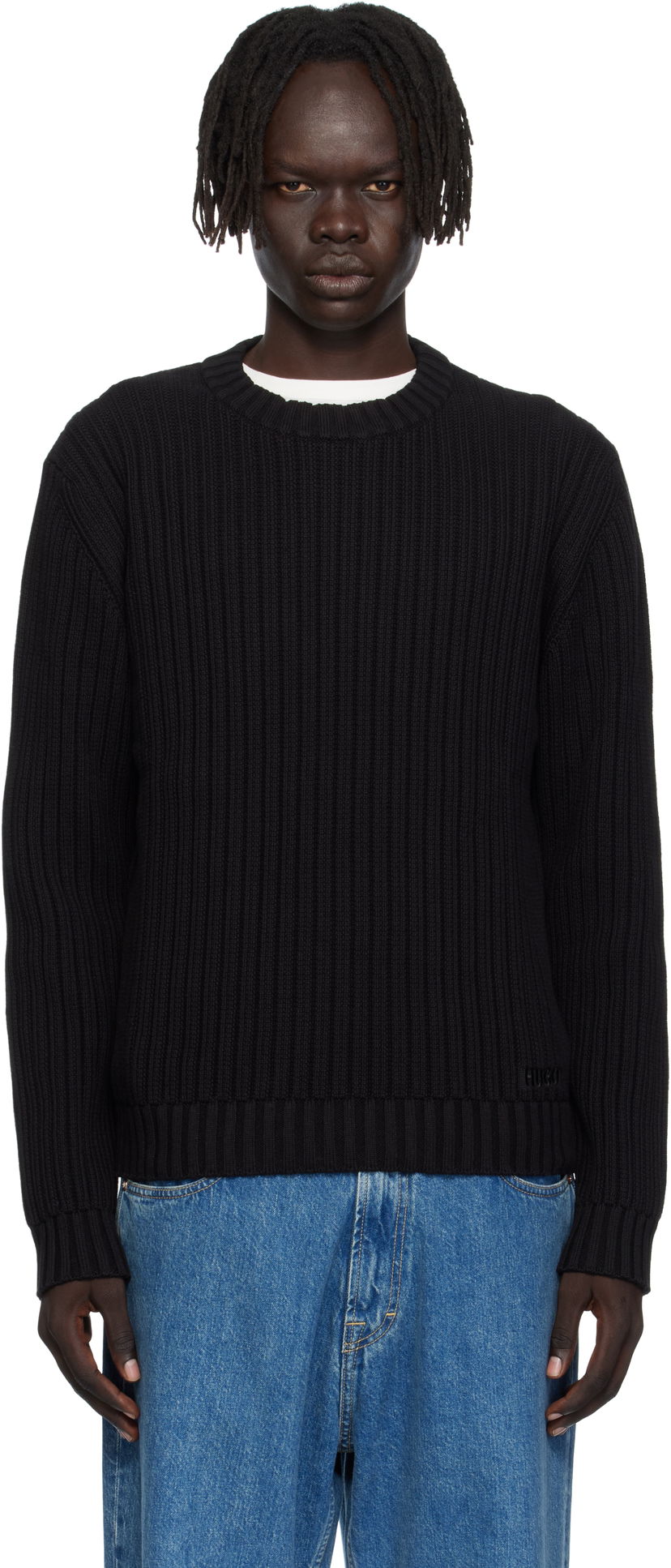 Пуловер BOSS Hugo Embroidered-Logo Ribbed Knit Sweater Черно | 50546863