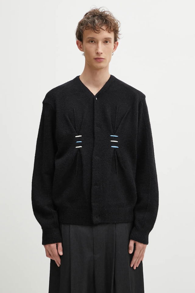 KNIT Wool Blend Cardigan with Front Pleats and Bar Details