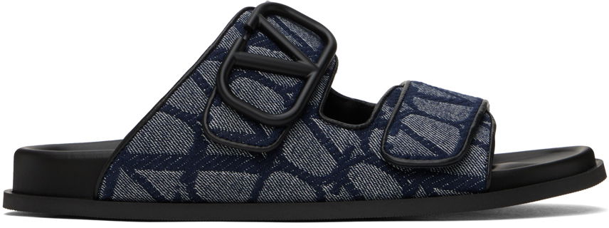 Кецове и обувки Valentino Garavani Blue & Black Toile VLogo Iconographe Sandals Черно | 4Y2S0G80QMR, 0