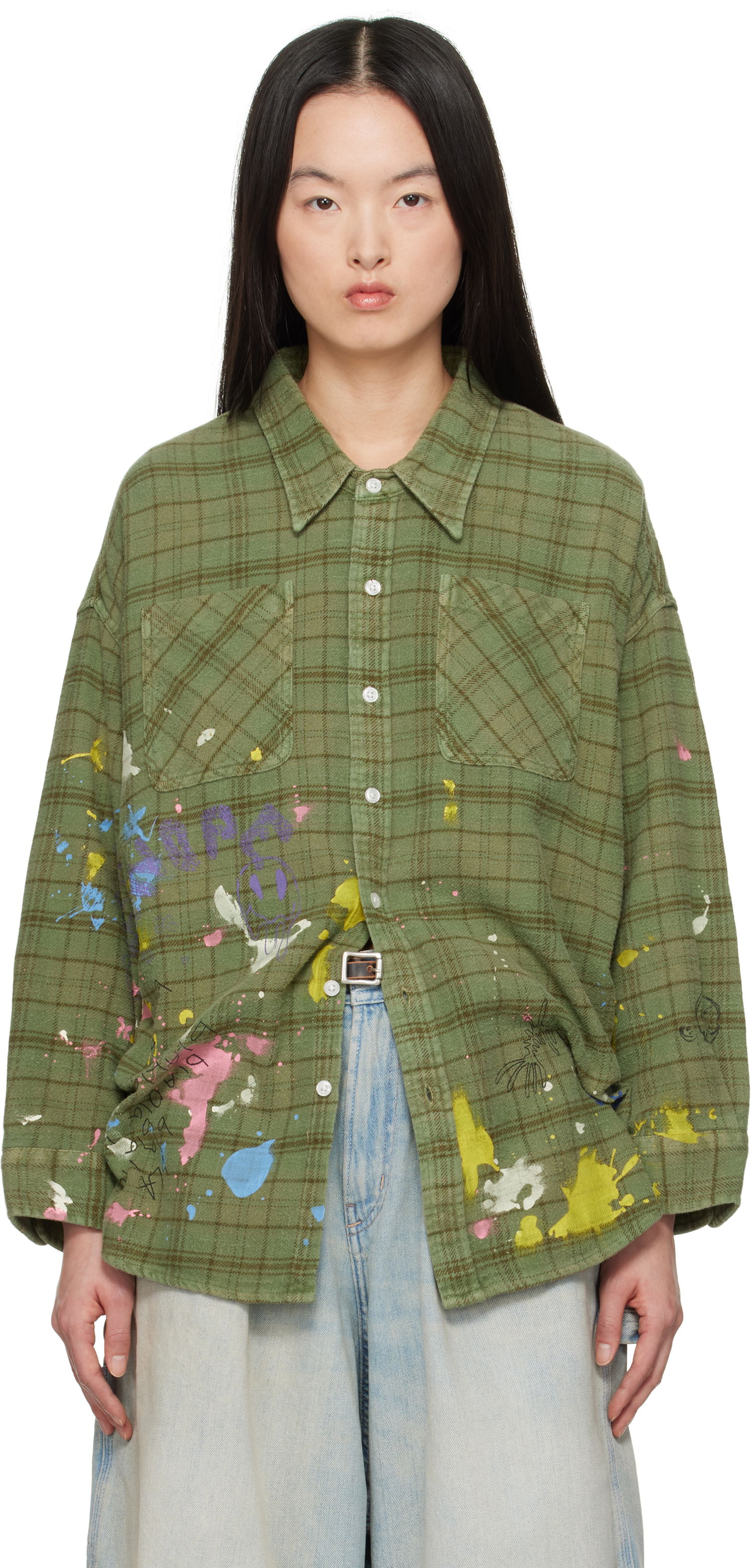 Риза R13 R13 Drop Neck Paint Splatter Plaid Work Shirt Зелено | R13WR015-R526B, 0