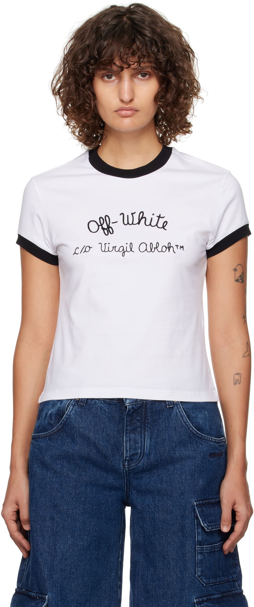 Тениска Off-White Embroidered Script Logo Fitted T-Shirt Бяло | OWAA112F24JER0010110