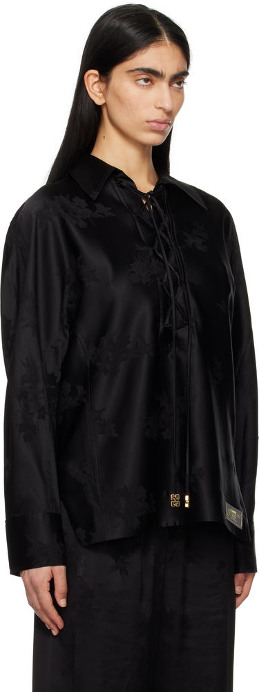 Риза GANNI GANNI Satin Jacquard Tie-String Shirt Черно | W0359, 1