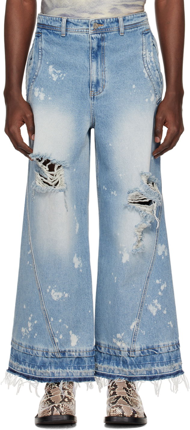 Дънки ADER ERROR Distressed Wide Leg Jeans Синьо | BN01SSJE0104BL