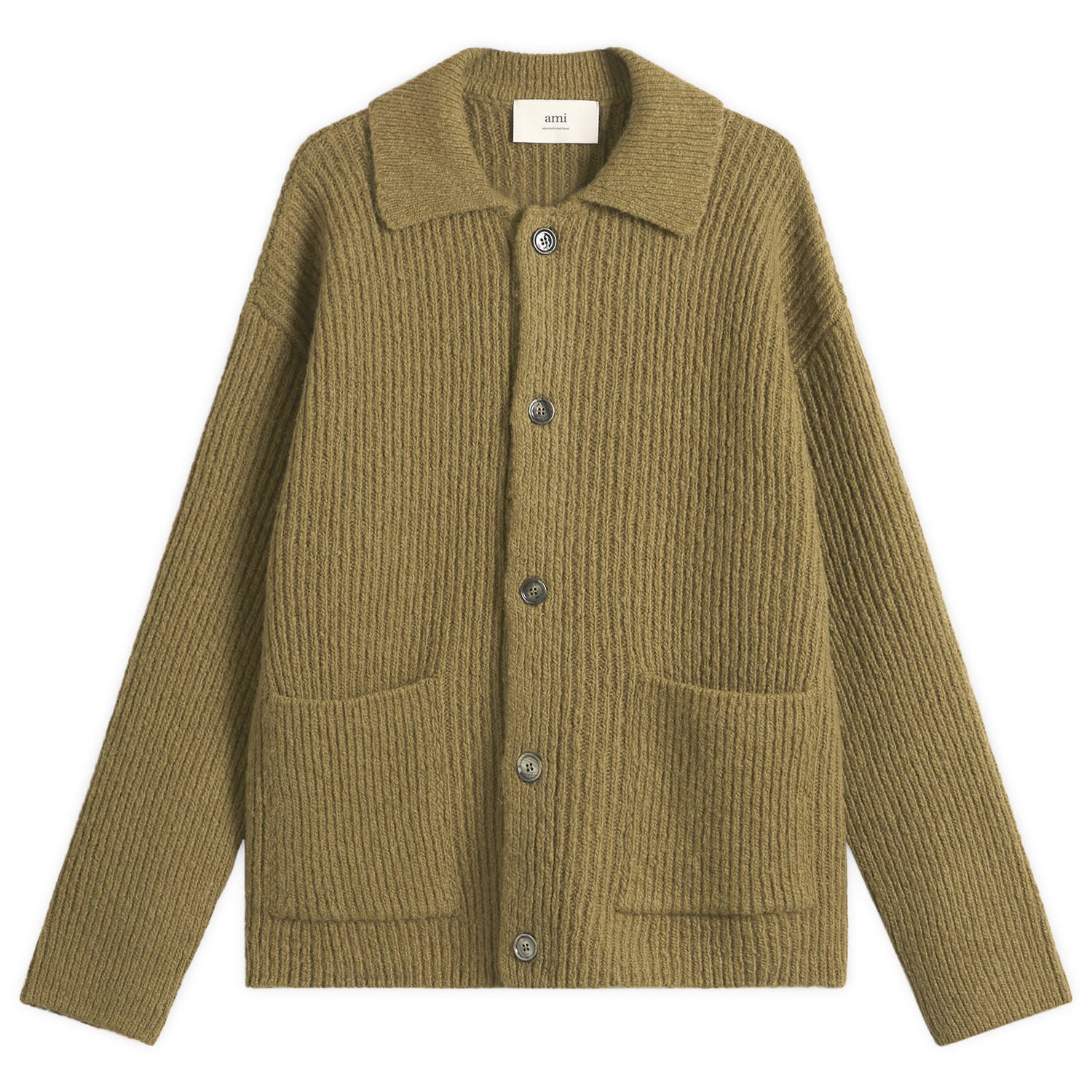 Пуловер AMI Felted and Chunky Wool Ribbed Knit Cardigan, Size Large Зелено | H25HKC354-KN0112-298H25, 0