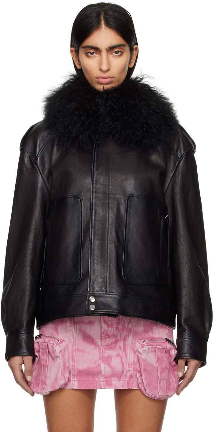 Яке бомбър Blumarine Spread Collar Leather Biker Jacket With Fur Черно | P422L043A, 0