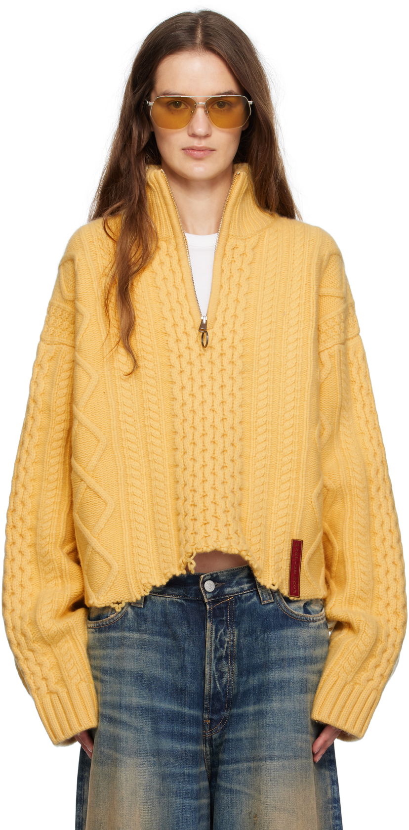 Пуловер Martine Rose Martine Rose Cropped Cable Knit Half-Zip Sweater Жълто | 972YA18721