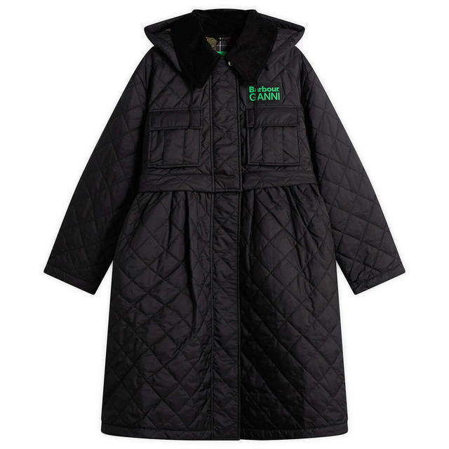 Barbour x GANNI Hooded Peplum Zip Off Quilted Jacket with Corduroy Collar and Chest Pockets