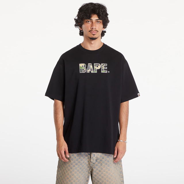 A BATHING APE Rhinestone Logo Relaxed Fit Short Sleeve Tee Black