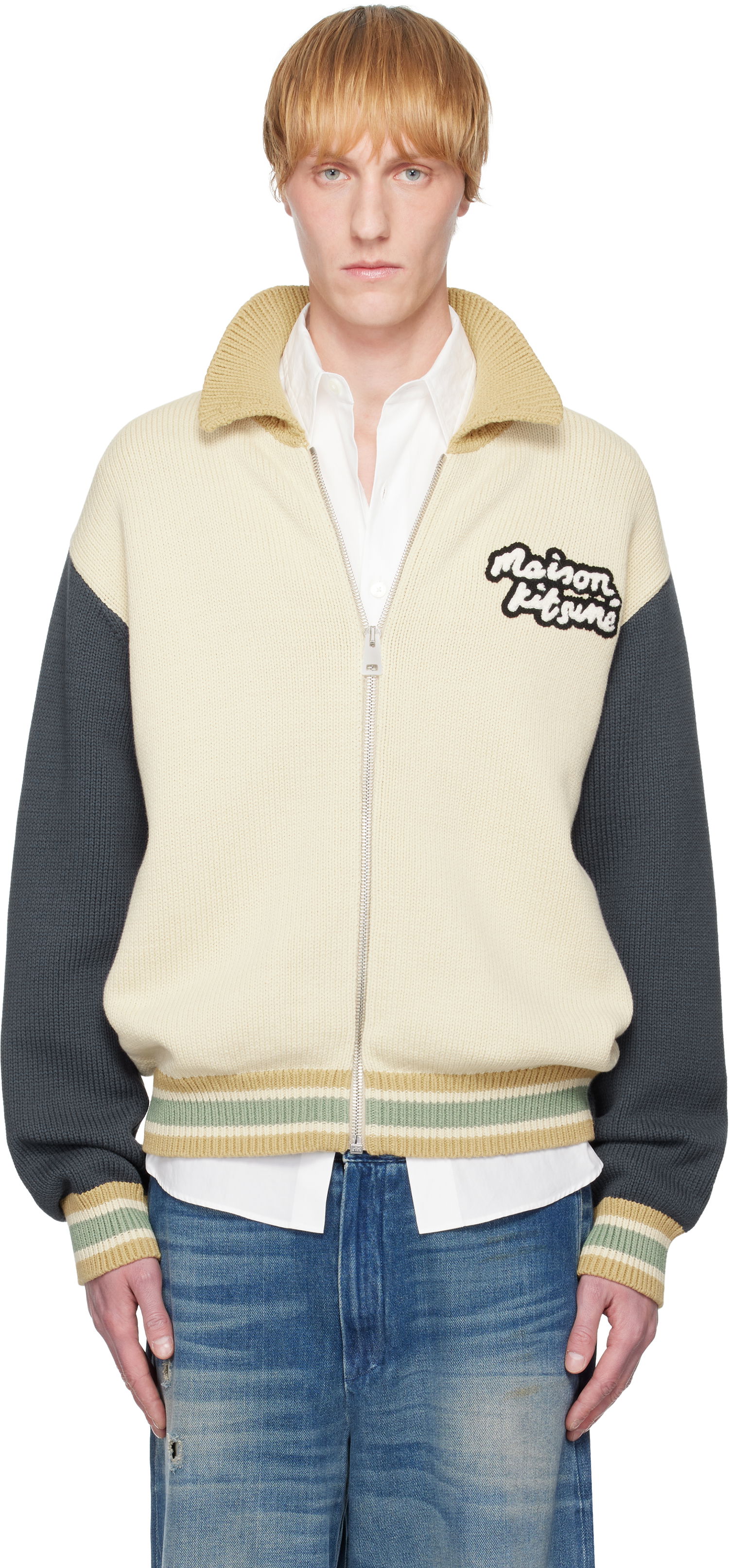 Пуловер MAISON KITSUNÉ Maison Kitsuné Knitted College Bomber Jacket Бежово | OM02131KT1139, 0