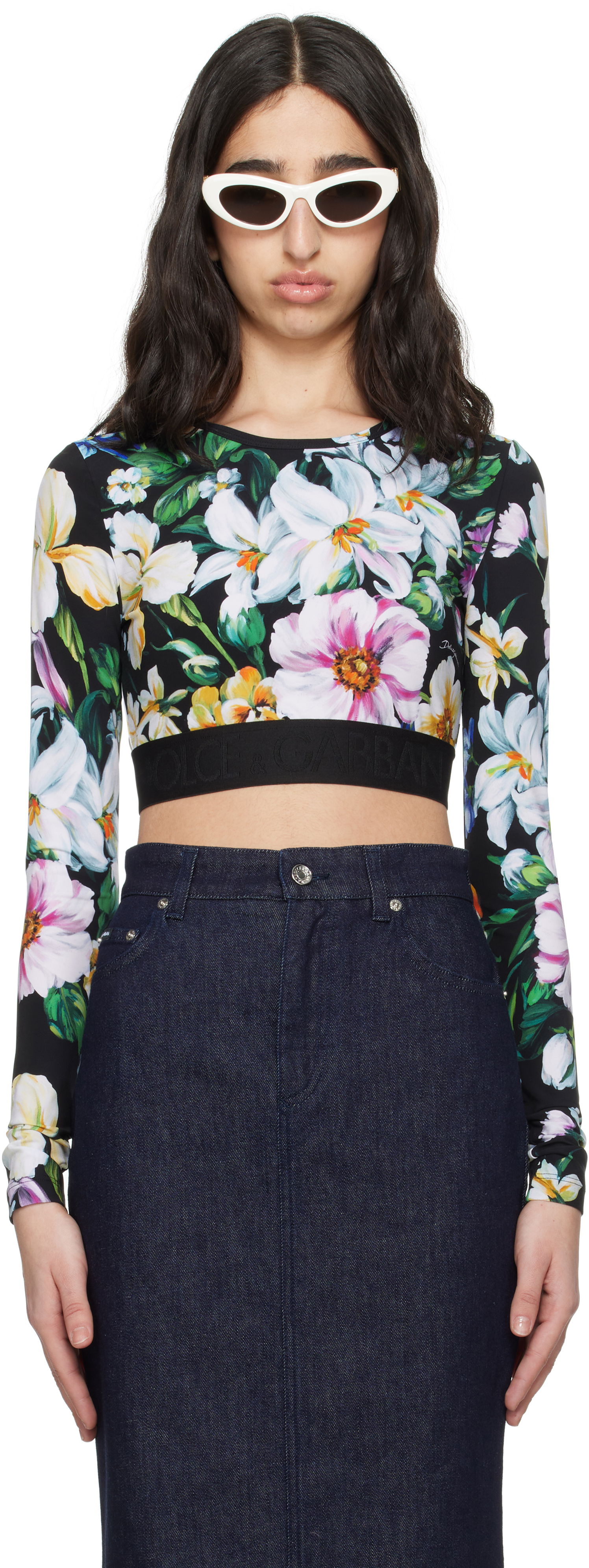Съкратен топ Dolce & Gabbana Dolce&Gabbana Floral Print Activewear Crop Top Черно | F8N51T FSG8L, 0