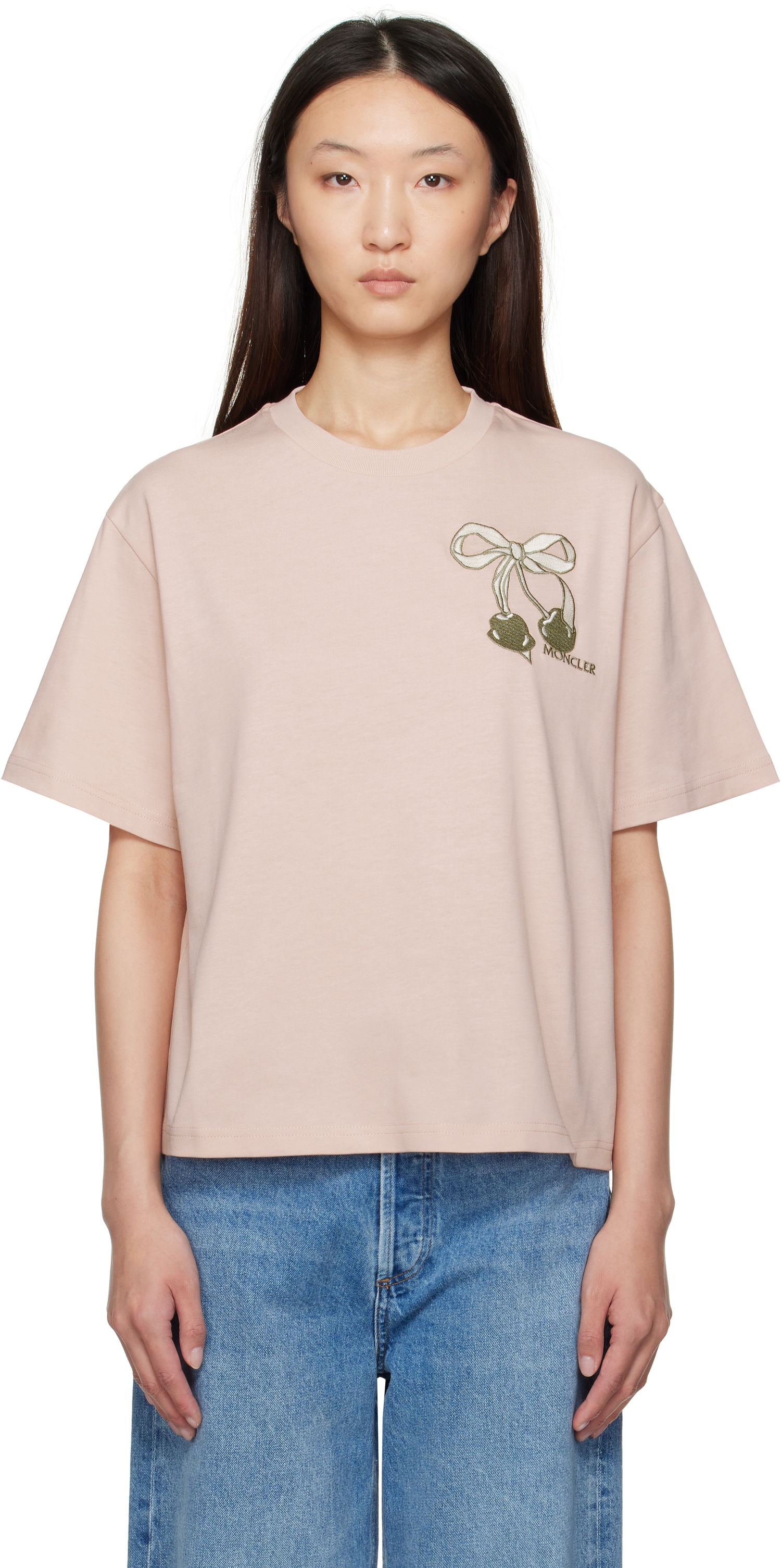 Тениска Moncler Moncler Embroidered Cherry Logo Cotton T-Shirt Розово | K20938C0001189AUG, 0