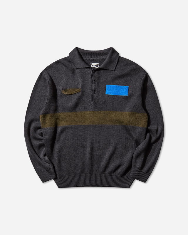 Knitted Long-Sleeve Workwear Polo with Stripe and Patches