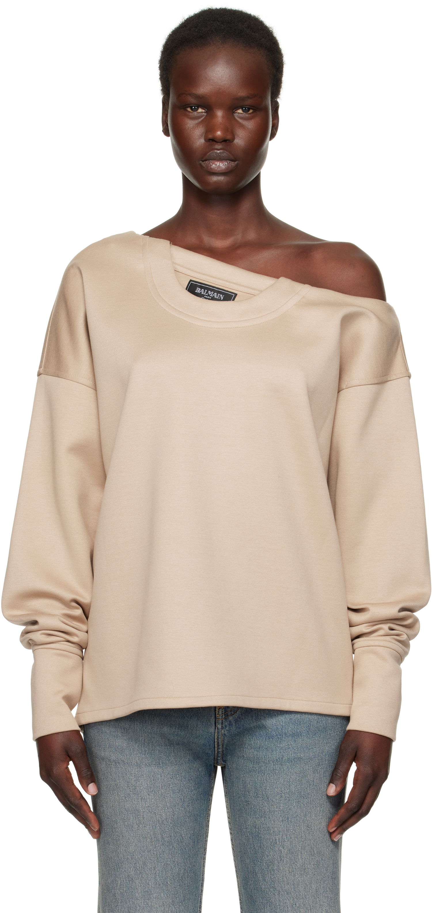 Пуловер Balmain Balmain Asymmetrical Jersey Off-The-Shoulder Sweatshirt Бежово | EF1HU301JJ69, 0