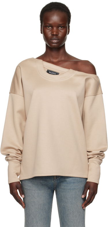 Пуловер Balmain Balmain Asymmetrical Jersey Off-The-Shoulder Sweatshirt Бежово | EF1HU301JJ69, 0
