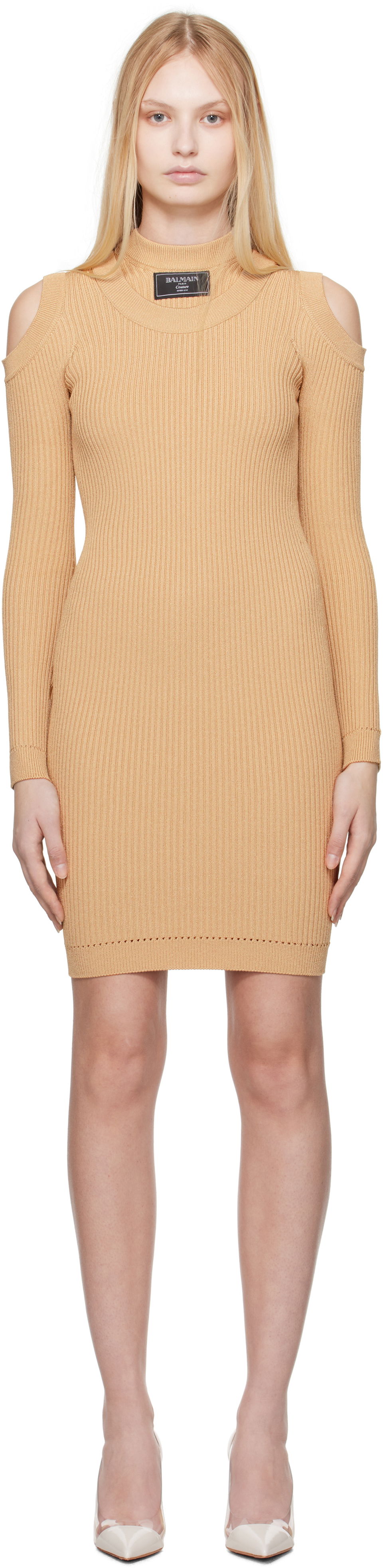 Pокля Balmain Balmain Shoulder Cut Knit Minidress Бежово | EF1R8291KI10, 0