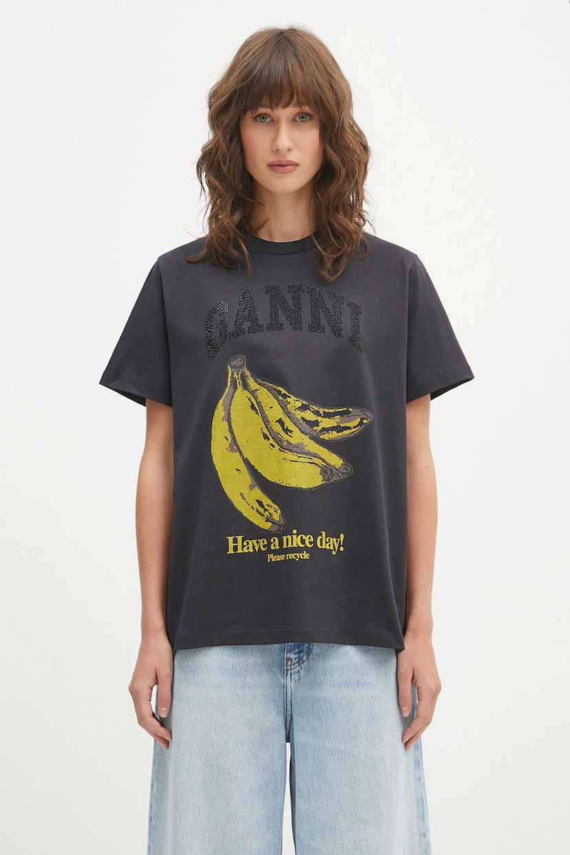 Тениска GANNI GANNI Basic Cotton Jersey Banana Relaxed T-Shirt Сиво | T4238