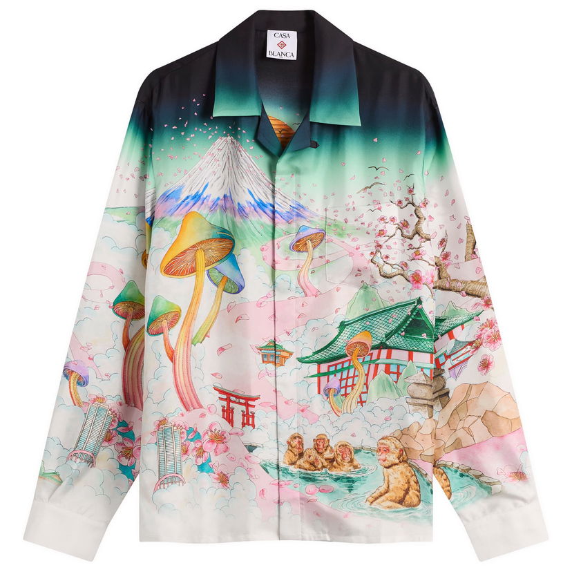 Риза Casablanca Cuban Collar Long Sleeve Silk Twill Shirt, Size Large, Casablanca Многоцветен | U-AW25-SH-006-03