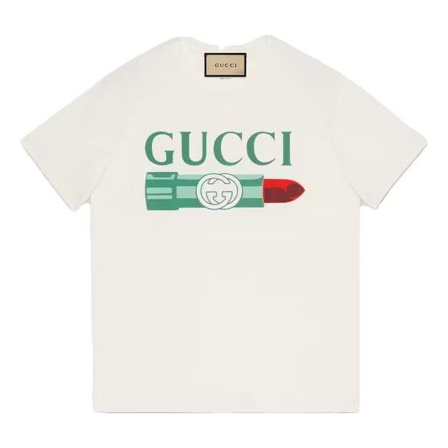 Тениска Gucci Gucci Lipstick Print Cotton T-Shirt Бяло | 717422-XJFHT-9095