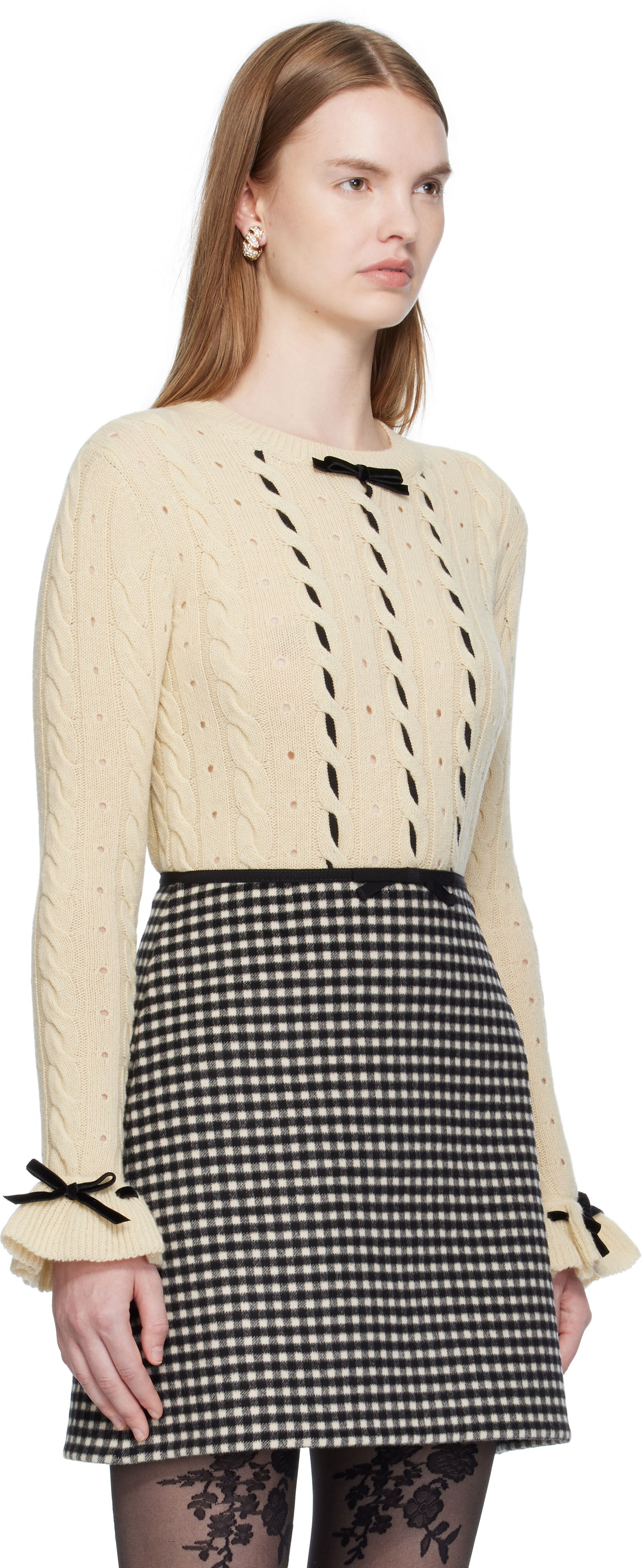 Пуловер Valentino Valentino Virgin Wool Sweater with Bows Бежово | 7B3KC66Z9K9, 1