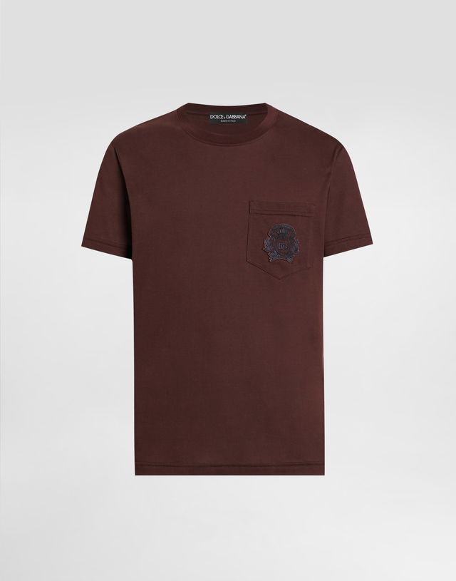 Cotton T-shirt with Crest Embroidery and Pocket