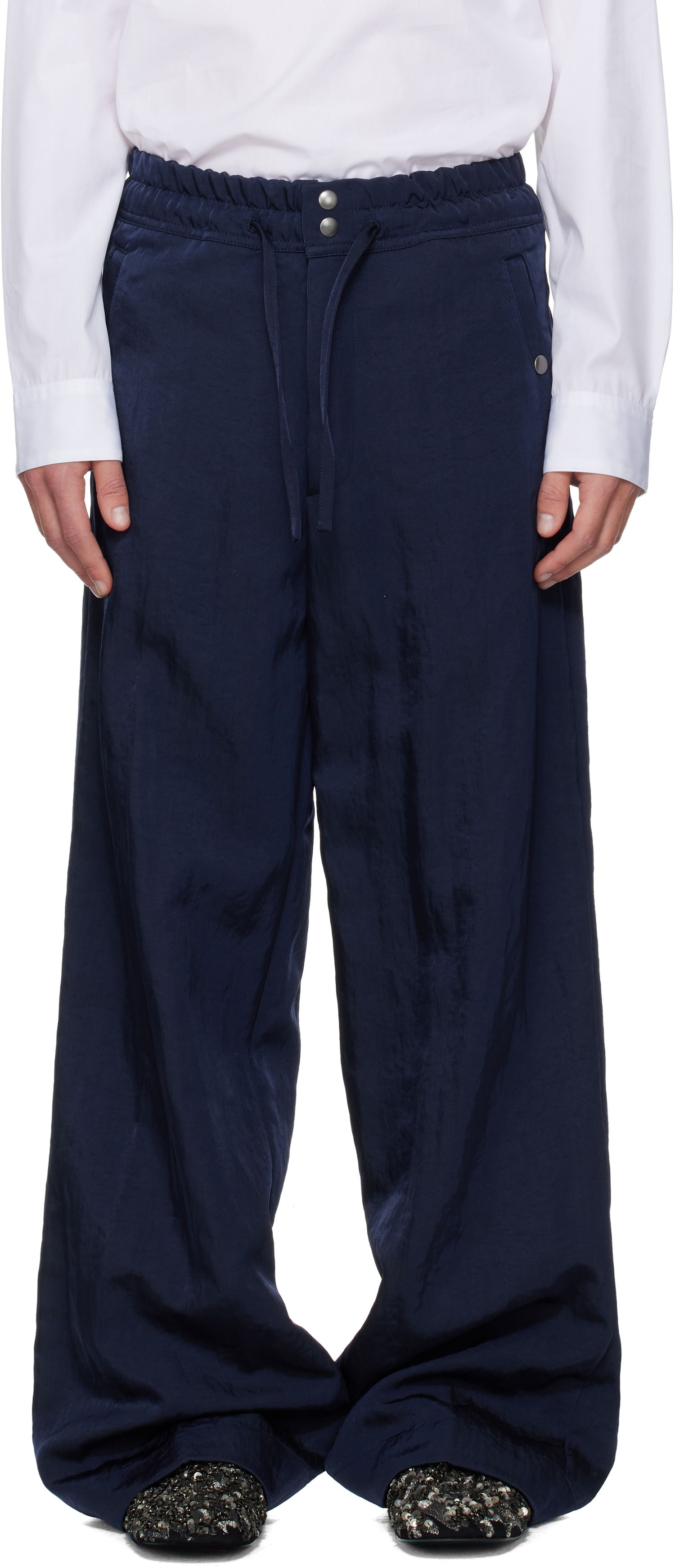 Панталони Dries Van Noten Dries Van Noten Twill Wide-Leg Drawstring Trousers Тъмно синьо | 252-020993-2328, 0