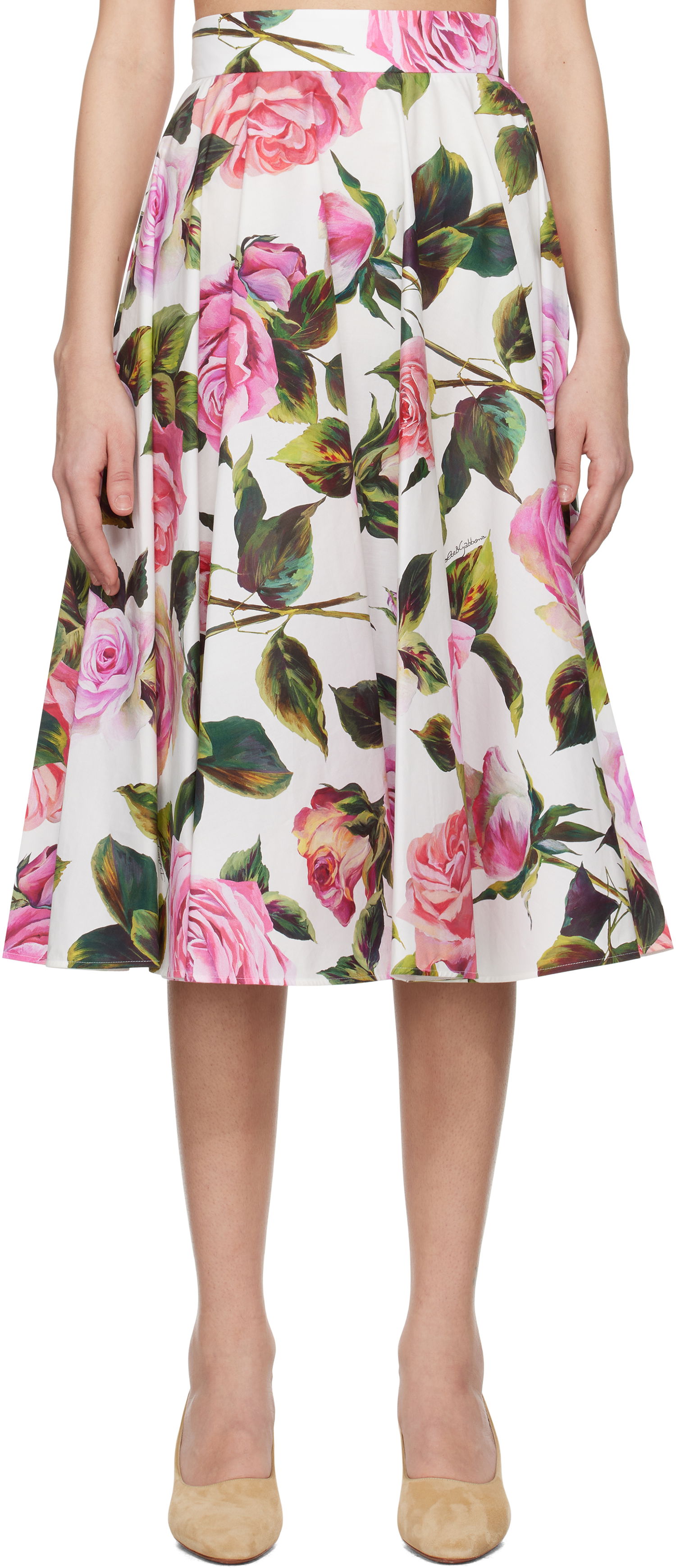 Пола Dolce & Gabbana Dolce&Gabbana Rose-Print Cotton Circle Midi Skirt Бяло | F4C1XT HS5S4, 0