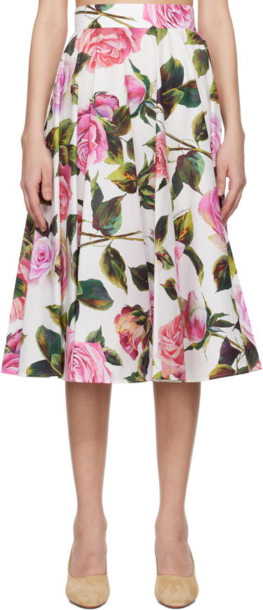 Пола Dolce & Gabbana Dolce&Gabbana Rose-Print Cotton Circle Midi Skirt Бяло | F4C1XT HS5S4, 0