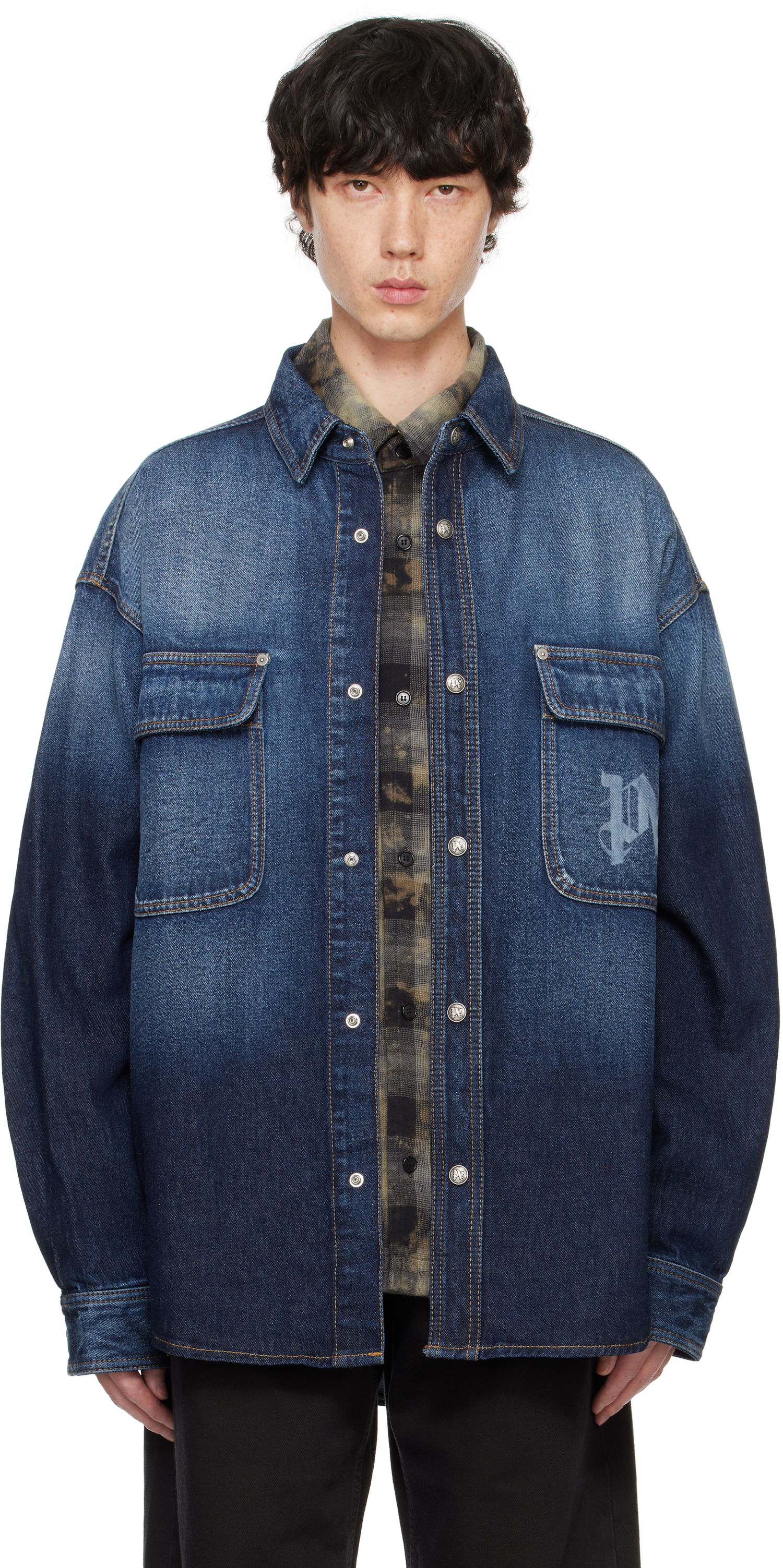 Риза Palm Angels Monogram Denim Overshirt Синьо | PMYD020F24DEN0014503, 0