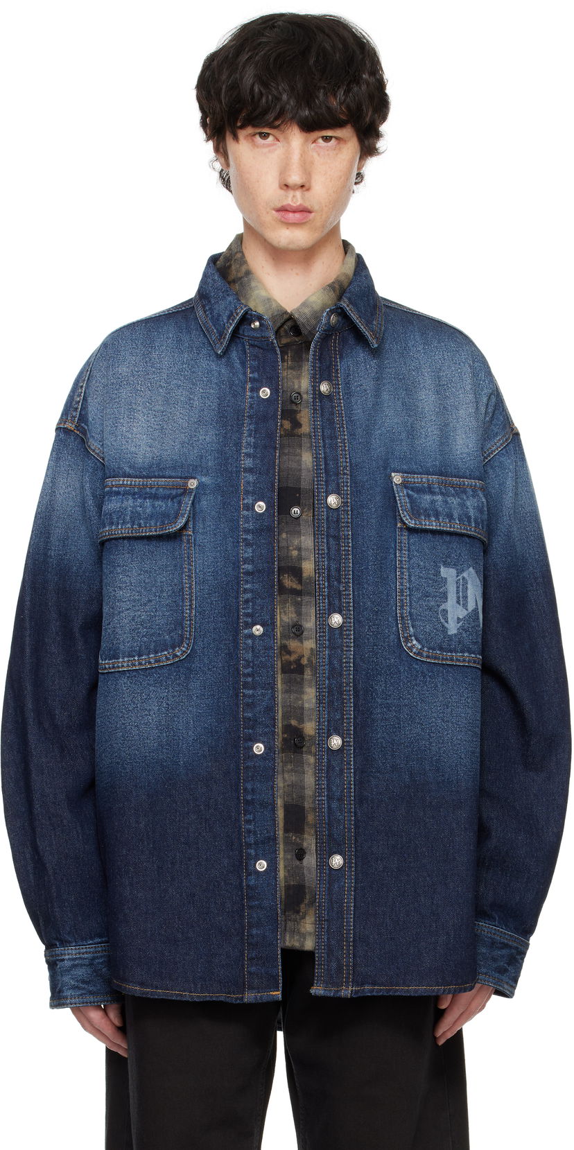 Риза Palm Angels Monogram Denim Overshirt Синьо | PMYD020F24DEN0014503