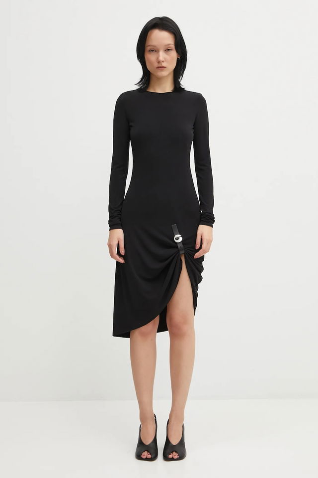 Suspended Long-Sleeve Midi Dress with Side Buckle Detail