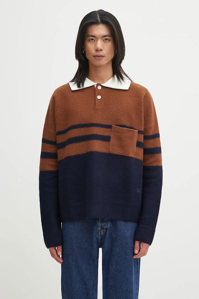 Wales Bonner Calm Striped Knitted Polo Sweater with Pocket