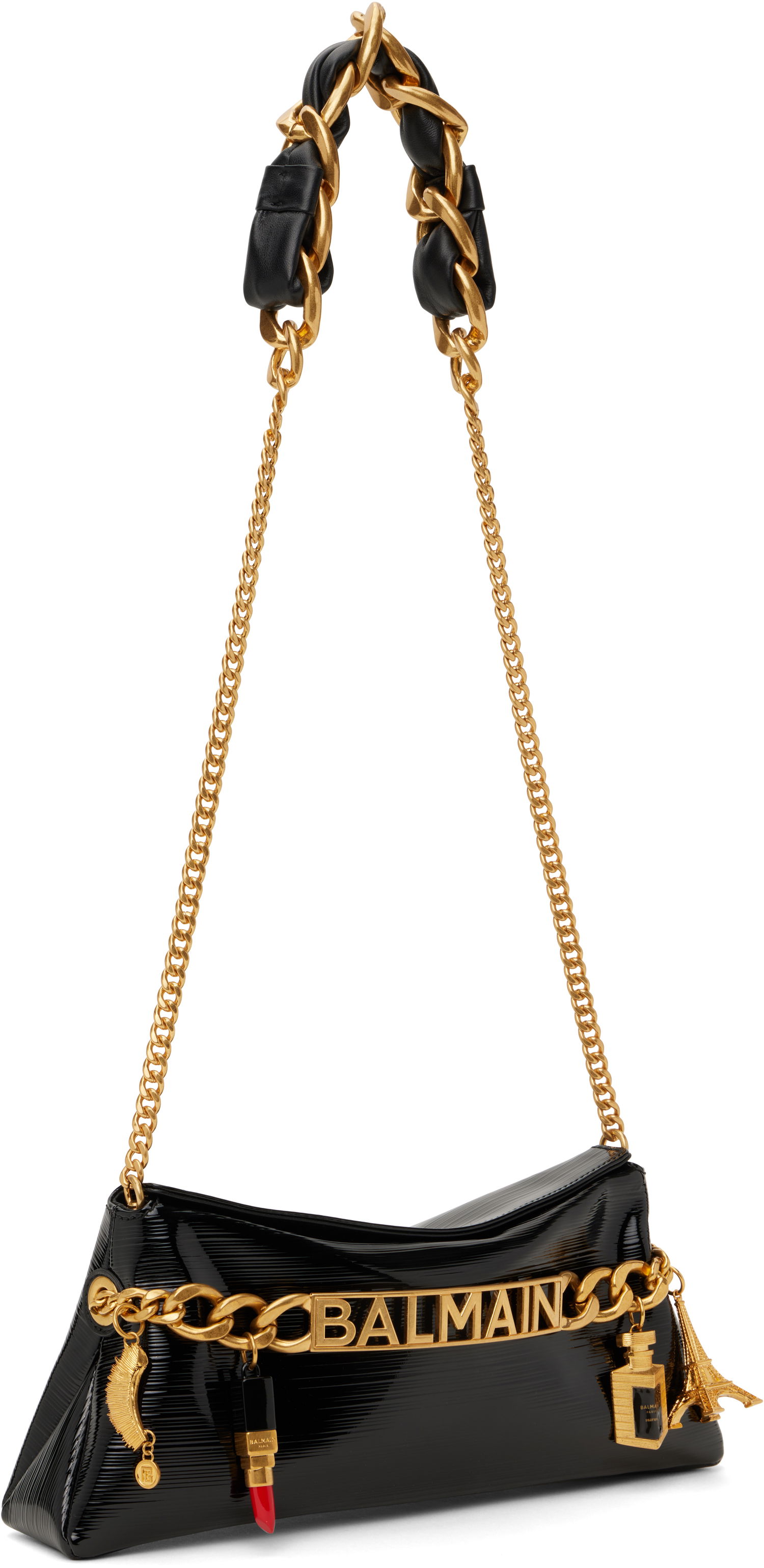 Дамска чанта Balmain Balmain 1945 Soft Striped Patent Leather Shoulder Bag Черно | EN0LQ976LSTV, 1