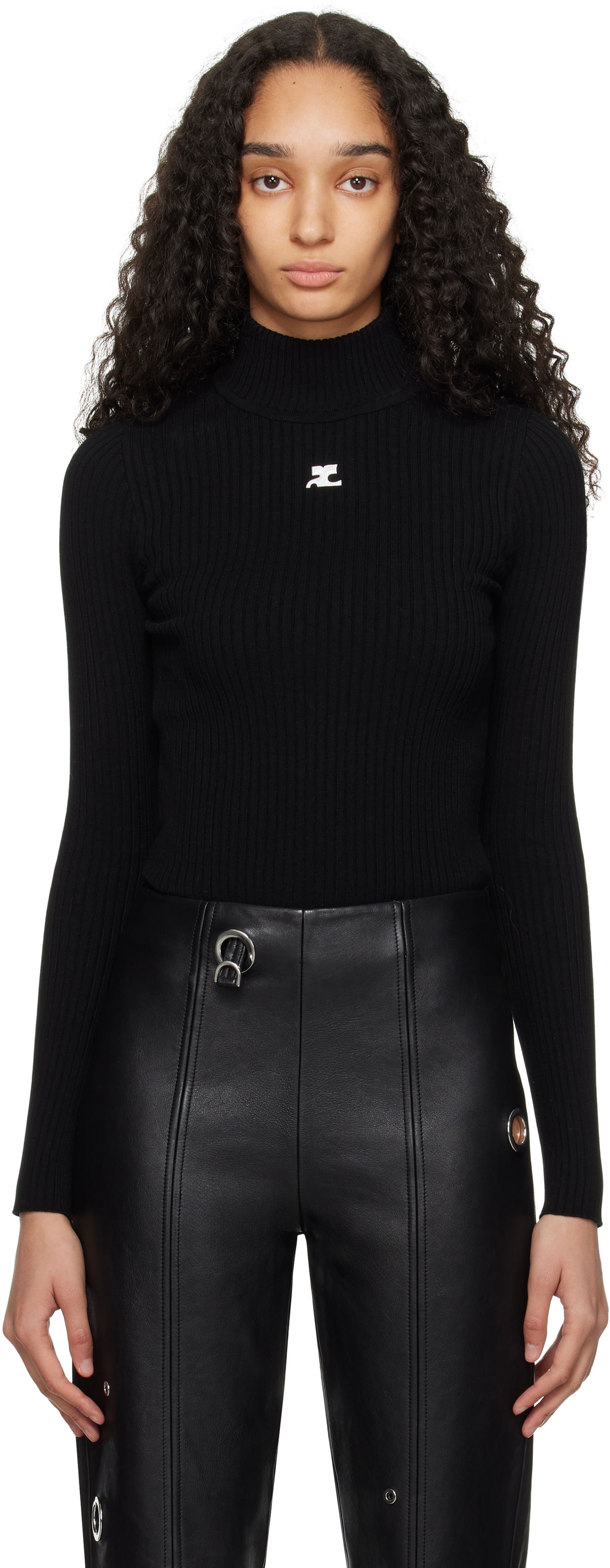 Пуловер Courrèges Courrèges Reedition Rib Knit Mock Neck Sweater Черно | PERMPU022FI0001, 0