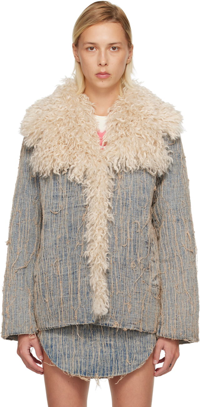 De-Aconic-S Frayed Denim Jacket with Faux Fur Trim