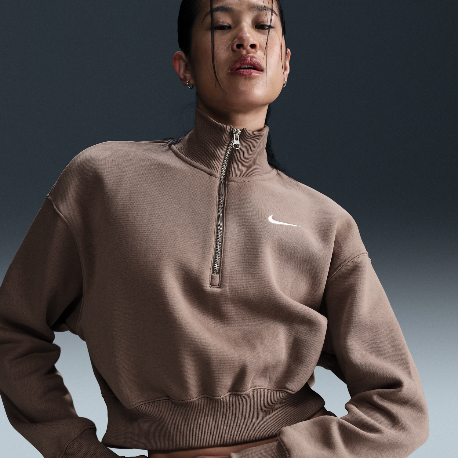 Пуловер Nike Sportswear Phoenix Fleece Cropped Half-Zip Sweatshirt Кафяво | DQ5767-233, 1