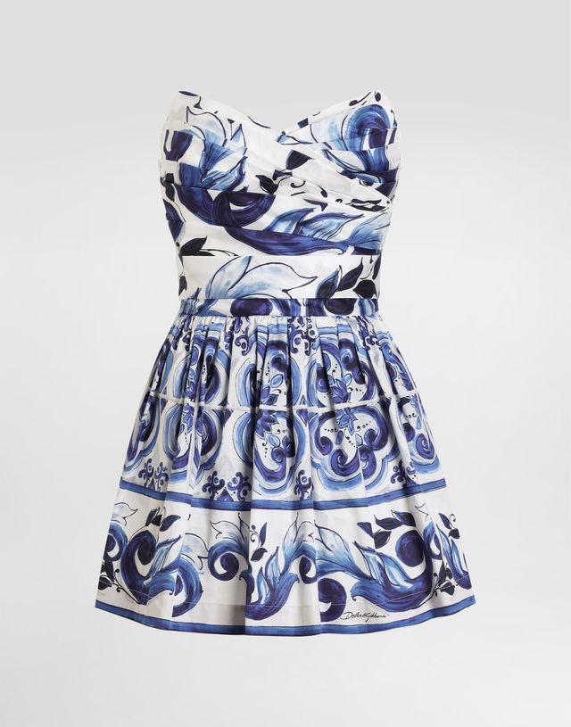 DG EXCLUSIVE Majolica-print Cotton Satin Strapless Pleated Mini Dress