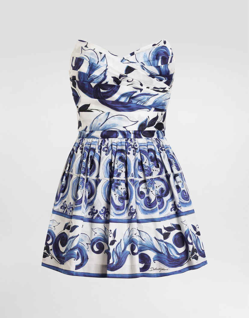 Pокля Dolce & Gabbana DG EXCLUSIVE Majolica-print Cotton Satin Strapless Pleated Mini Dress Многоцветен | I6KI3WHS5T1HY3TN