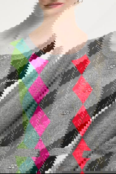 Пуловер GANNI Multicolor Argyle Cashmere Wool Mix Round Neck Cardigan Многоцветен | K2512, 3