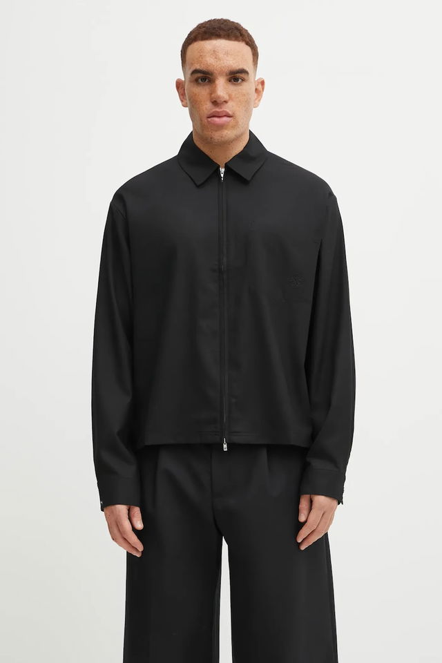 Wool Blend Relaxed Fit Zip Up Shirt with Classic Collar