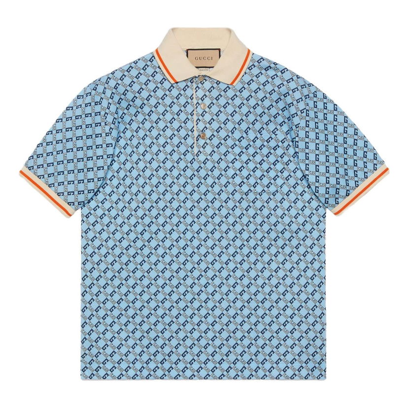 Поло тениска Gucci Geometric Pattern Cotton Polo Shirt Синьо | 742385-XJFGF-4311