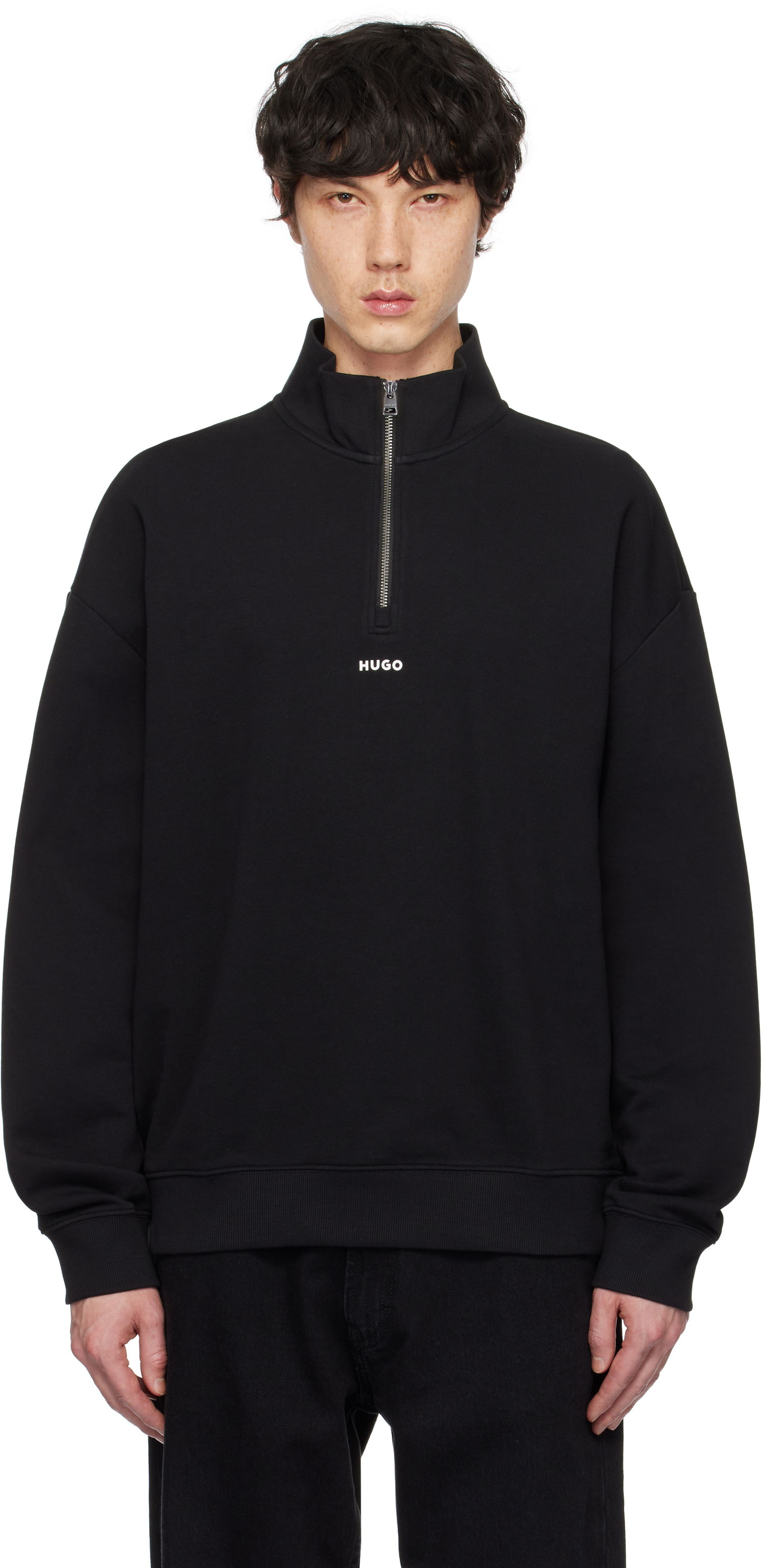 Суитчър BOSS Hugo Logo Print Cotton-Terry Zip-Neck Sweatshirt Черно | 50525881, 0