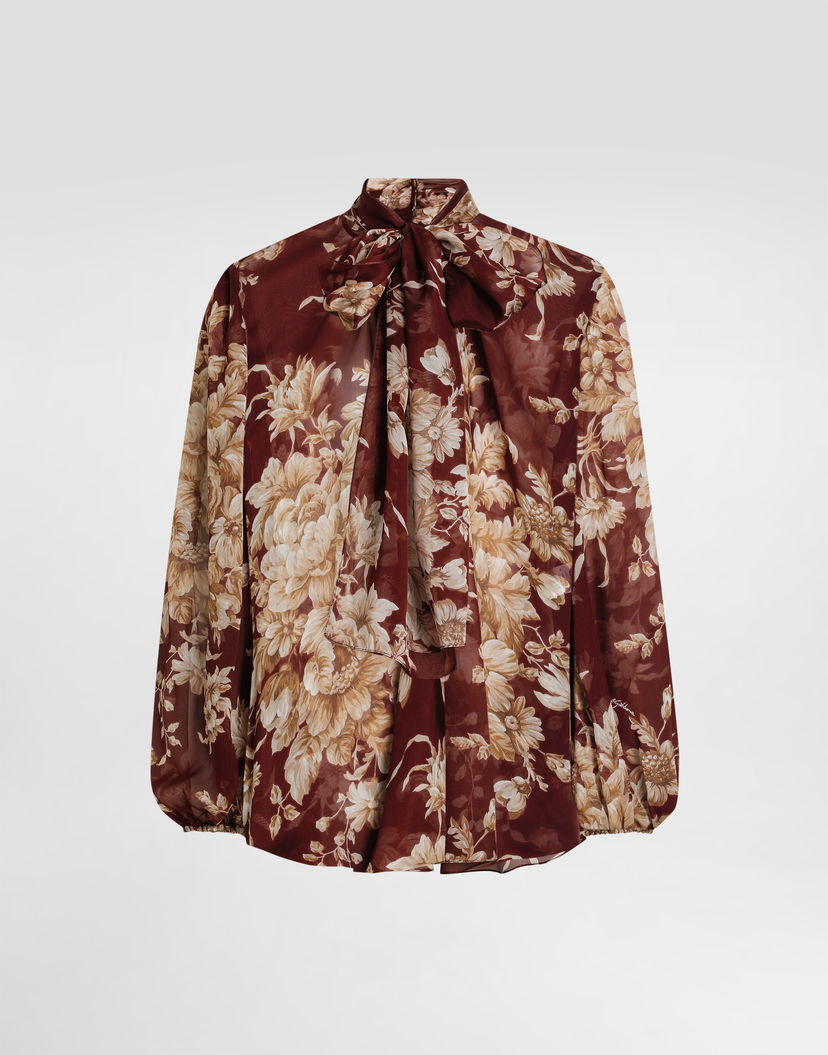 Риза Dolce & Gabbana Dolce & Gabbana Rose-Print Chiffon Tie-Neck Blouse Бургунди | F5R62TIS1ZOHR4OX