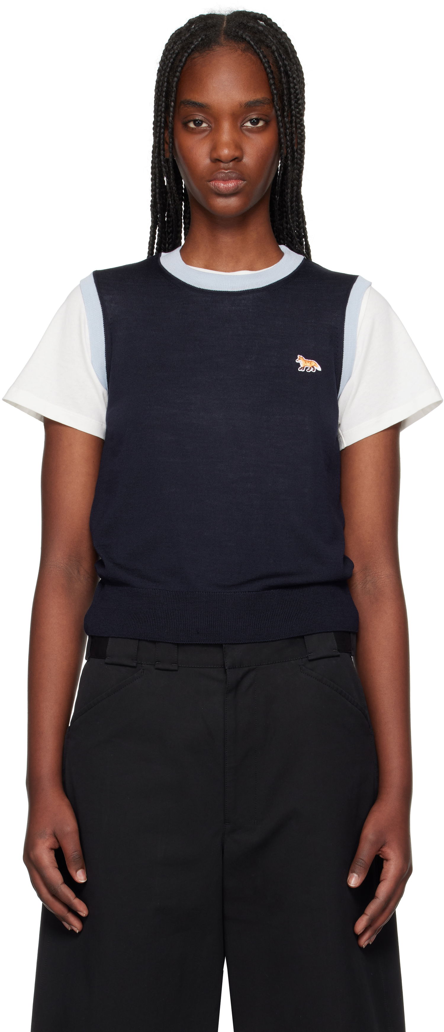 Пуловер MAISON KITSUNÉ Maison Kitsuné Bi-Color Knitted Tank Top with Baby Fox Patch Тъмно синьо | OW00603KT1136, 0
