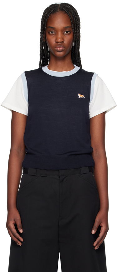 Пуловер MAISON KITSUNÉ Maison Kitsuné Bi-Color Knitted Tank Top with Baby Fox Patch Тъмно синьо | OW00603KT1136, 0