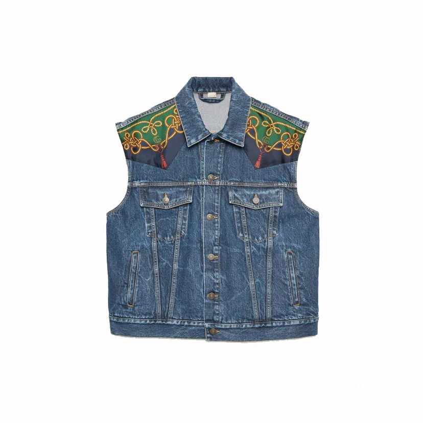 Жилетка Gucci Silk Scarf-Panelled Denim Vest Blue Синьо | 692269 XDBYH 4447