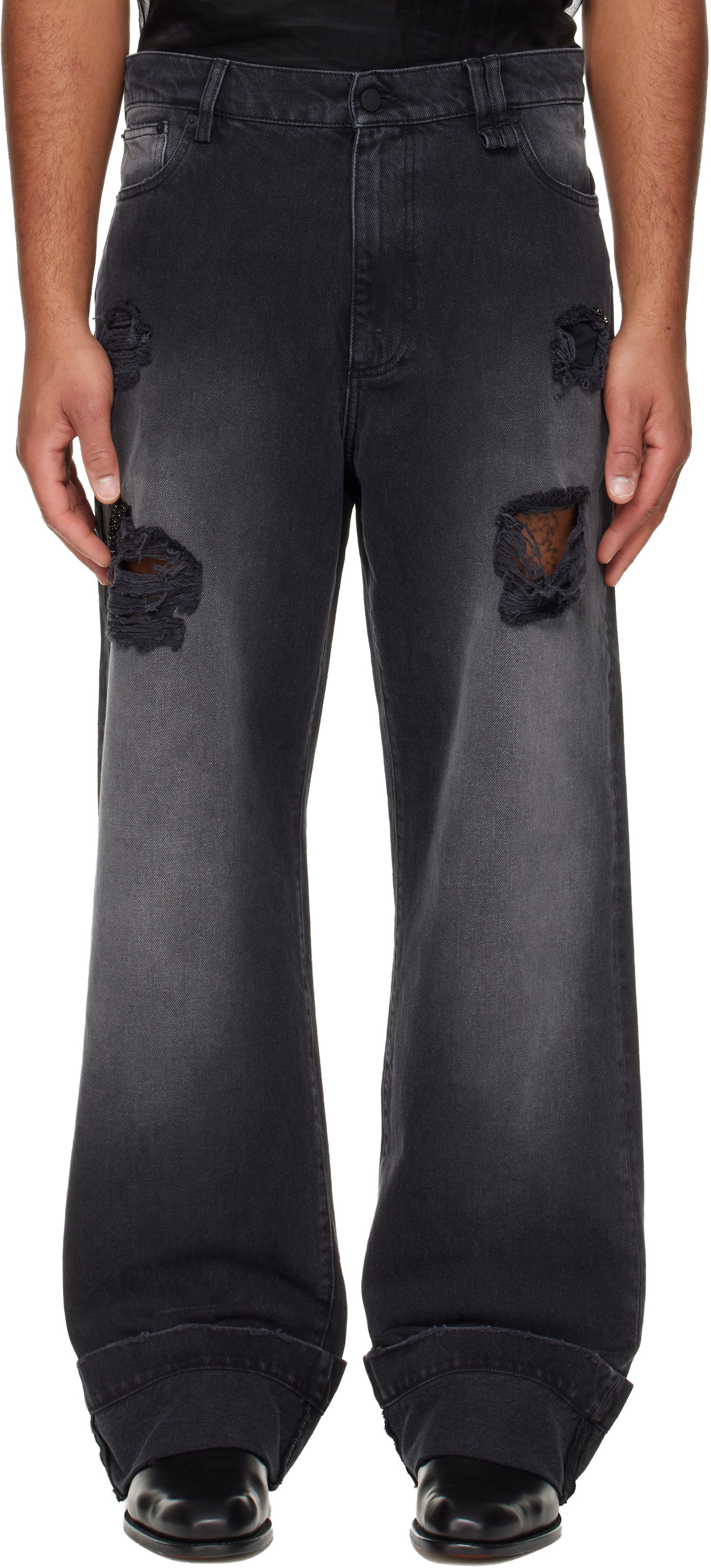 Дънки Simone Rocha Simone Rocha Embellished Distressed Wide-Leg Cuffed Jeans Черно | 4161B 1239D, 0