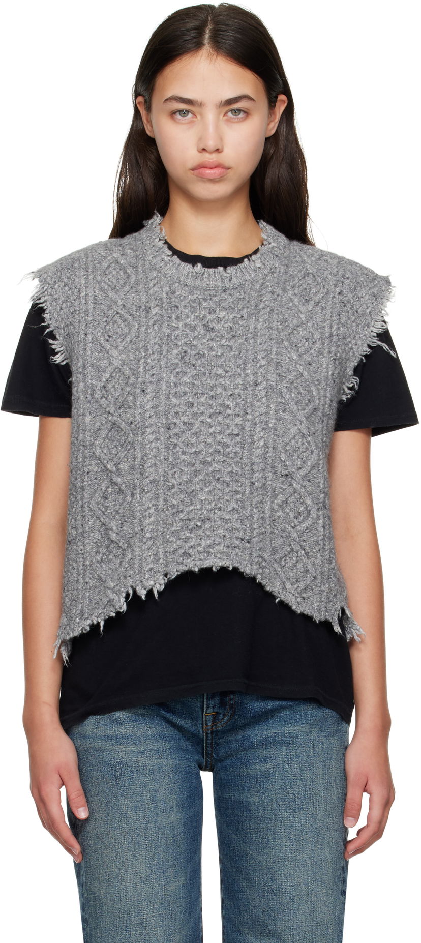 Пуловер R13 R13 Boyfriend Cable Knit Vest Сиво | R13WY228-Y208A
