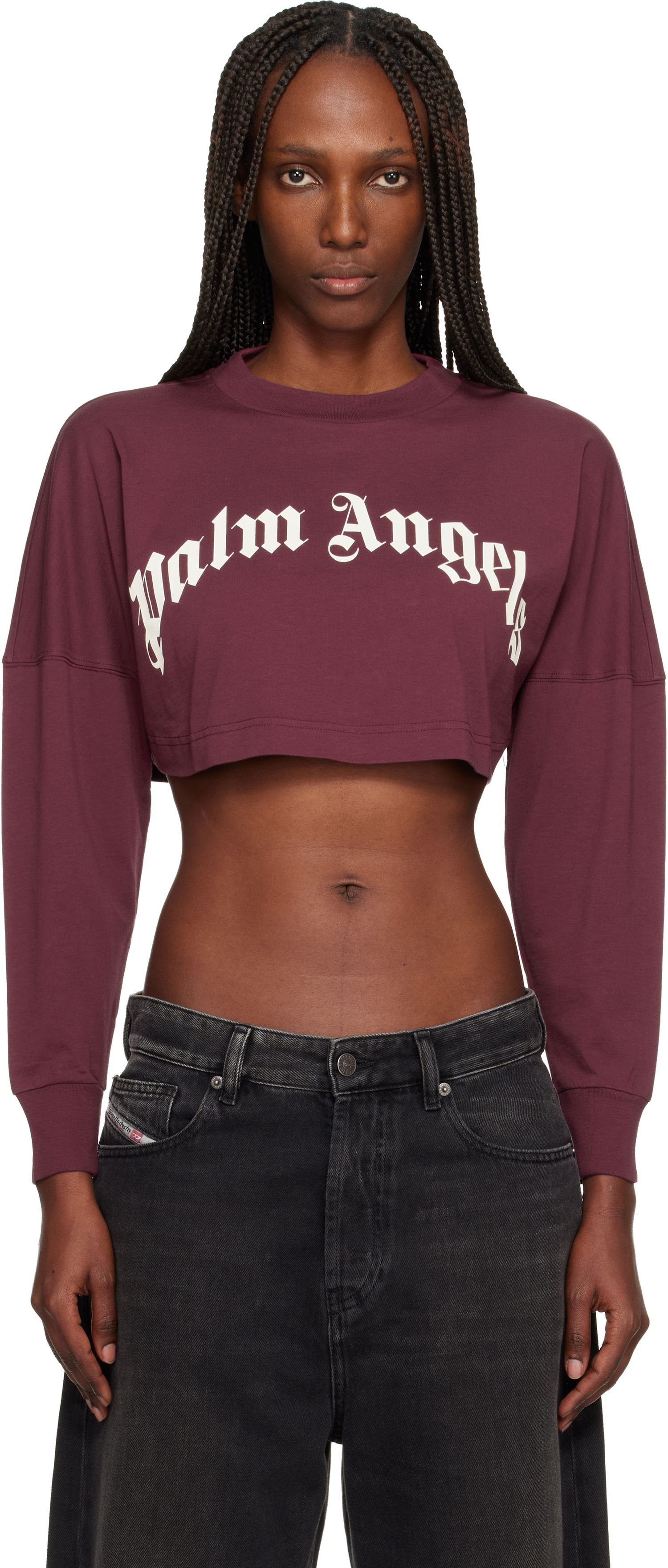 Съкратен топ Palm Angels Curved Logo Crop T-shirt Бургунди | PWAB023F25JER0022803, 0