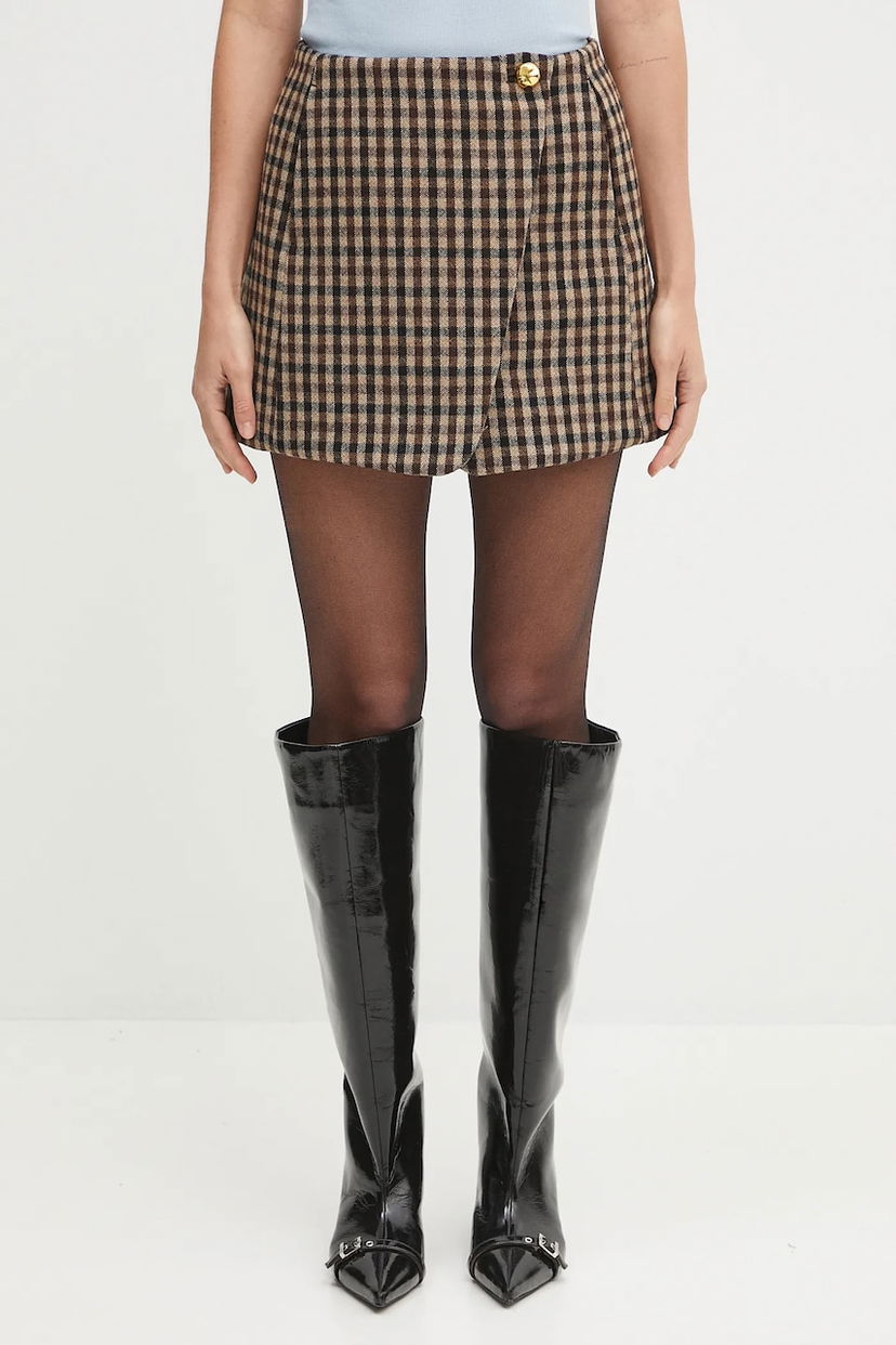 Пола GANNI GANNI Check Wool Mix Mini Skirt Кафяво | W0655